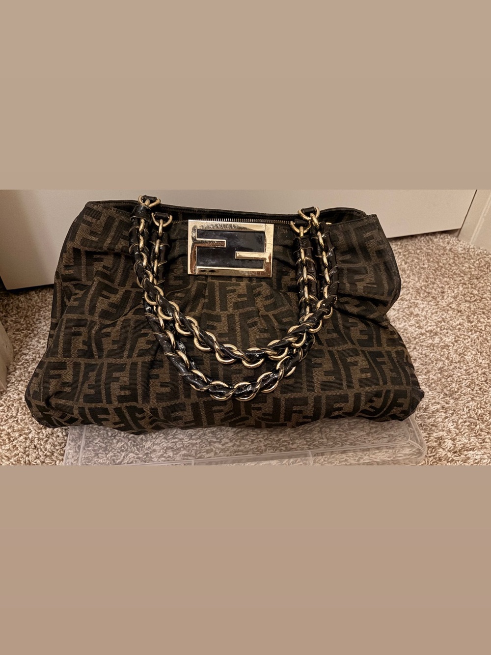 Fendi Black and Brown Zucca Chain-Handle Shoulder Bag